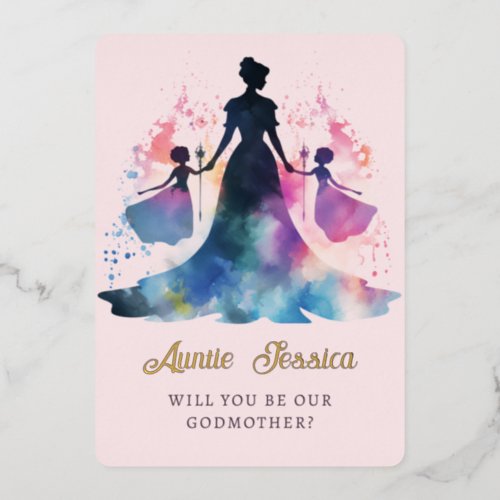 Fairy GIrls Sisters Watercolor Photo Godmother  Foil Invitation