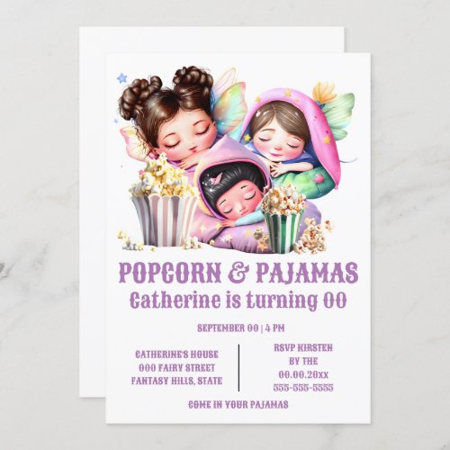 Fairy girls sleeping bags popcorn party girls pink invitation