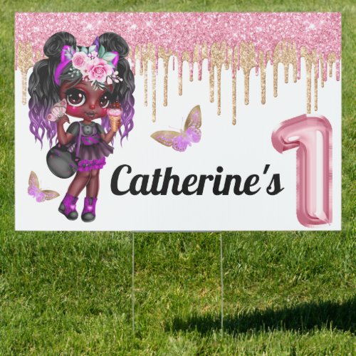 Fairy glitter African American 1st birthday foil Sign