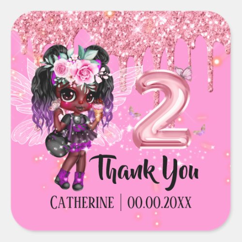 Fairy glitter African American girl 2nd birthday Square Sticker