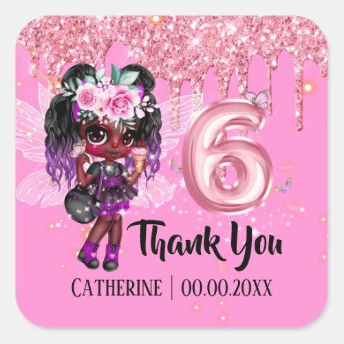 Fairy glitter African American girl 6th birthday Square Sticker