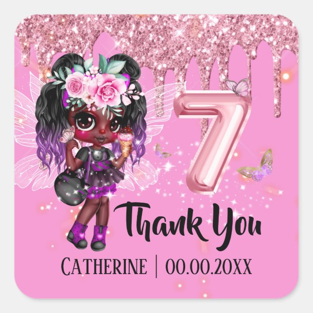 Fairy glitter African American girl 7th birthday Square Sticker (Front)