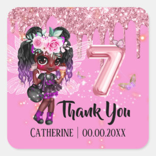 Fairy glitter African American girl 7th birthday Square Sticker