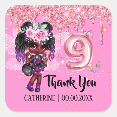 Fairy glitter African American girl 9th birthday Square Sticker