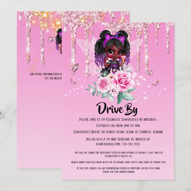 Fairy glitter African American girl pink birthday Invitation (Front/Back)