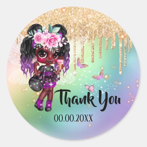 Fairy glitter rainbow gold butterfly thank you classic round sticker