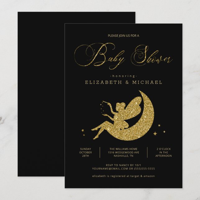 Fairy Gold Black Glitter Girl Baby Shower Invitation (Front/Back)
