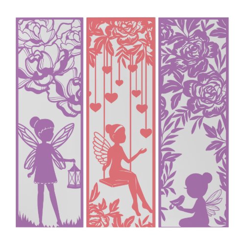 Fairy Hearts Fantasy Rose Garden Purple Coral Triptych