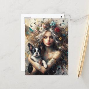 Fairy Holding a Cute Boston Terrier Puppy Postcard