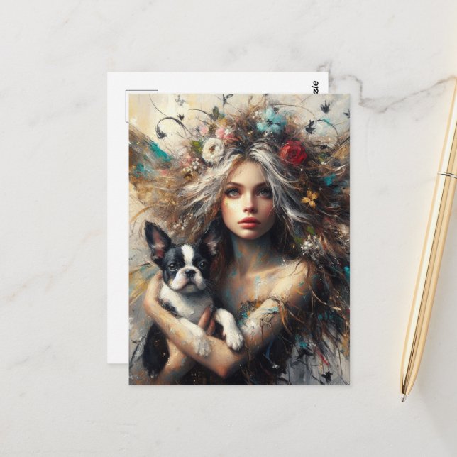 Fairy Holding a Cute Boston Terrier Puppy Postcard (Front/Back In Situ)