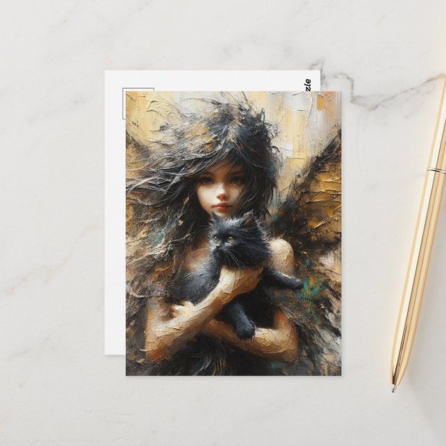 Fairy Holding a Cute Kitten Postcard (Front/Back In Situ)
