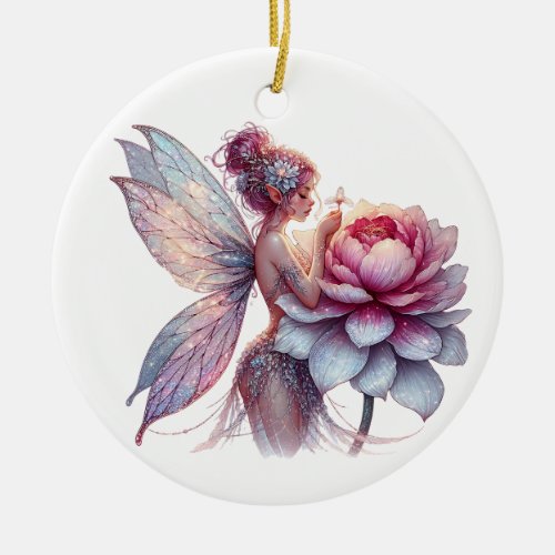 Fairy Holding an Over_sized Flower Personalized Ceramic Ornament