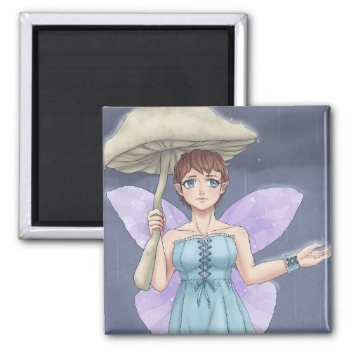 Fairy Holding Mushroom Umbrella in the Rain Magnet