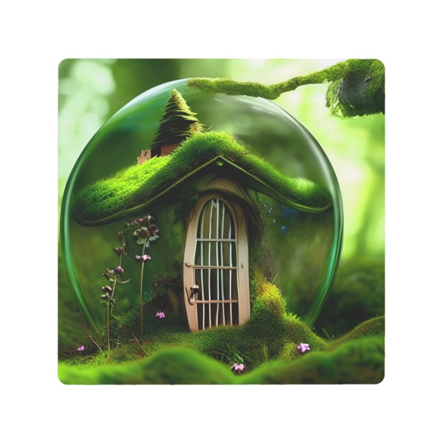 Fairy House In A Glass Orb In The Mossy Forest Metal Print (Front)