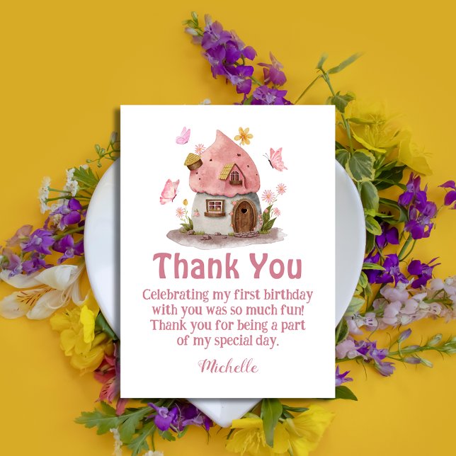 fairy house thank you girl birthday pink note card (Creator Uploaded)