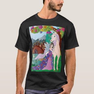 Fairy hugging unicorn in front of arched bridge  T-Shirt
