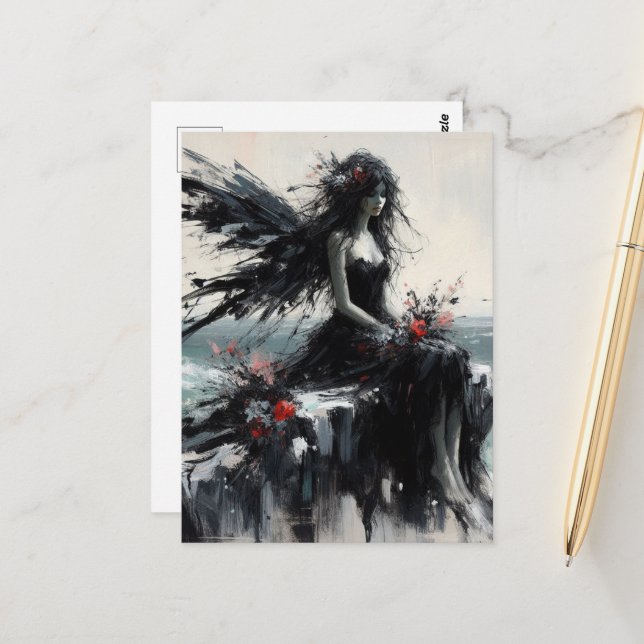 Fairy in a black dress sitting on seaside cliff  postcard (Front/Back In Situ)