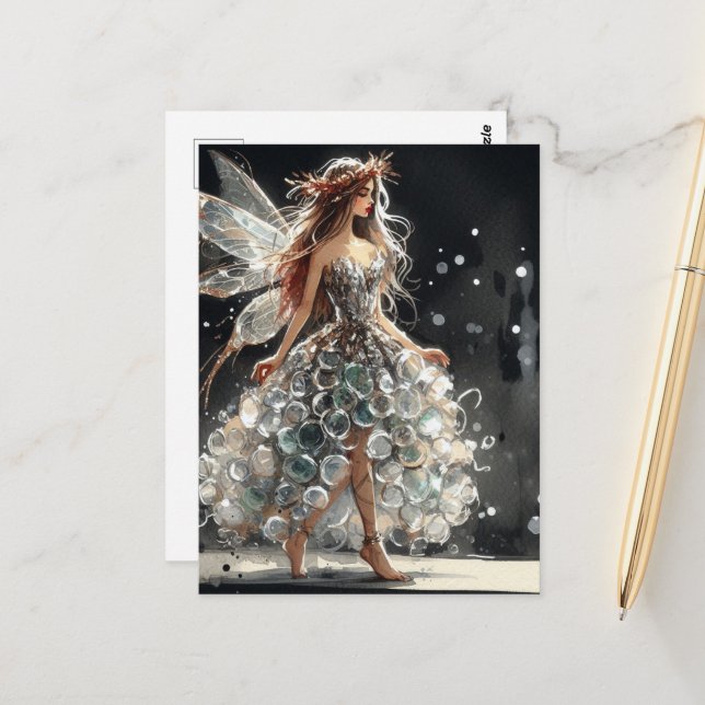 Fairy in a Fashion Show Dress Made From plastic  Postcard (Front/Back In Situ)