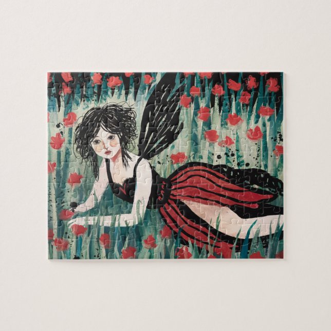 Fairy in a flower meadow watercolor jigsaw puzzle (Horizontal)