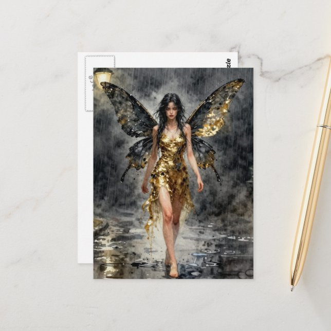 Fairy in a gold dress in the night rain postcard (Front/Back In Situ)