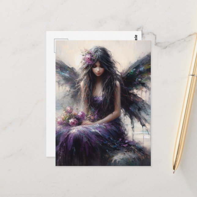 Fairy in a purple dress sitting on seaside cliff  postcard (Front/Back In Situ)