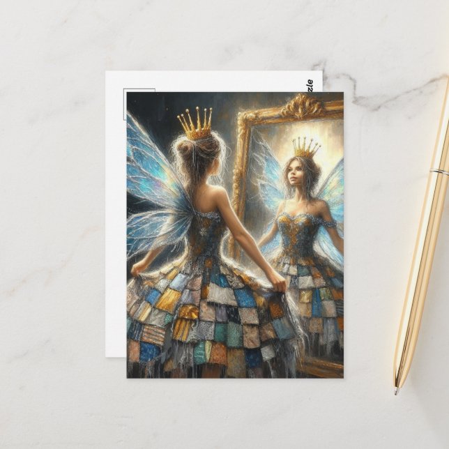 Fairy in a Quilted Dress and a Golden Crown Mirror Postcard (Front/Back In Situ)