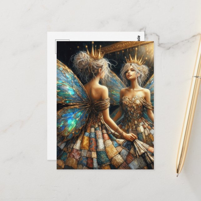 Fairy in a Quilted Dress Looks in Mirror Postcard (Front/Back In Situ)