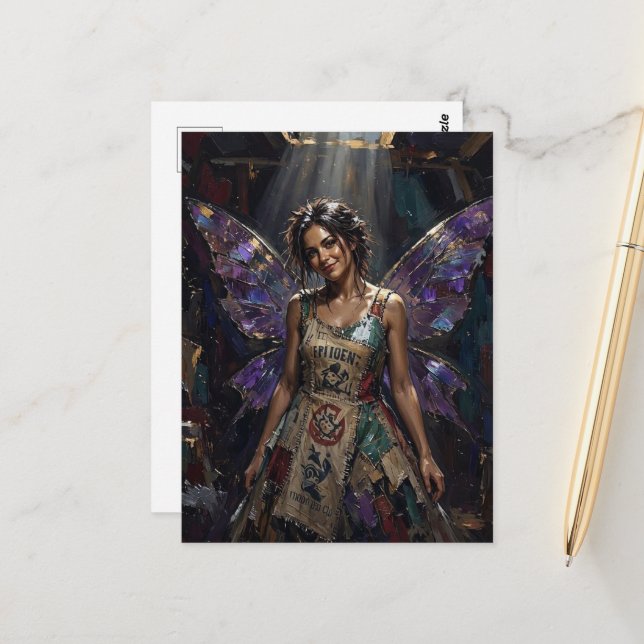 Fairy in a Recycled Dress of Colorful Printed Rags Postcard (Front/Back In Situ)