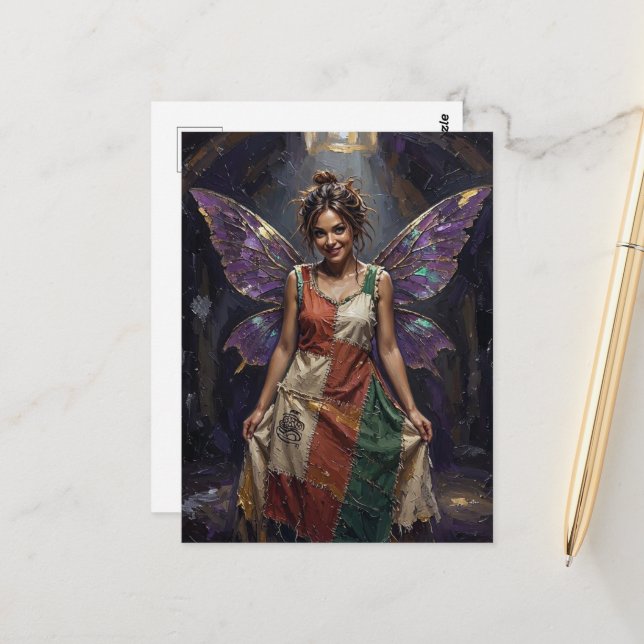 Fairy in a Recycled Dress of Colorful Rags Postcard (Front/Back In Situ)