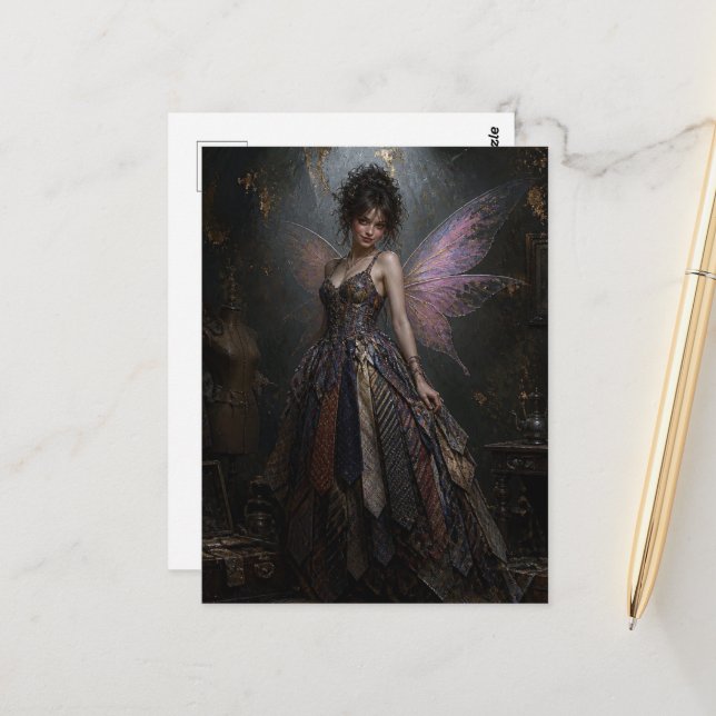 Fairy in a Recycled Dress of Mens Ties Postcard (Front/Back In Situ)