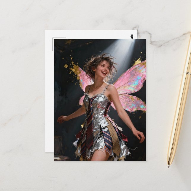 Fairy in a Recyled Ties Dress Postcard (Front/Back In Situ)