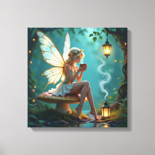 Fairy in Enchanted Forest Drinking Coffee Canvas Print
