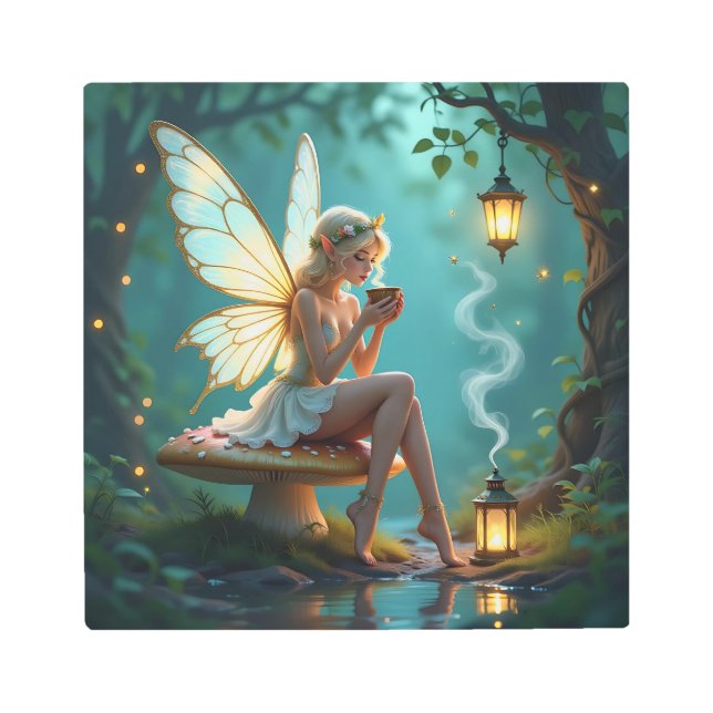 Fairy in Enchanted Forest Drinking Coffee Metal Print (Front)