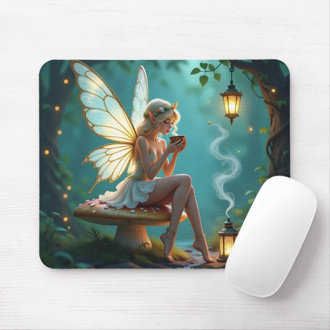 Fairy in Enchanted Forest Drinking Coffee Mouse Pad (With Mouse)