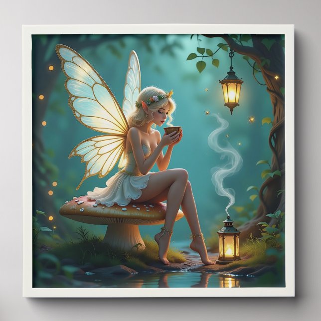 Fairy in Enchanted Forest Drinking Coffee Peel And Stick Photo Tile (Front Set)