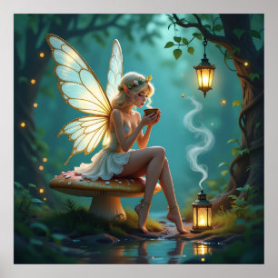 Fairy in Enchanted Forest Drinking Coffee Poster