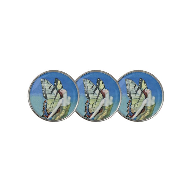 Fairy in Gold Dress Monarch Butterfly Wings Blue Golf Ball Marker (3 Up)