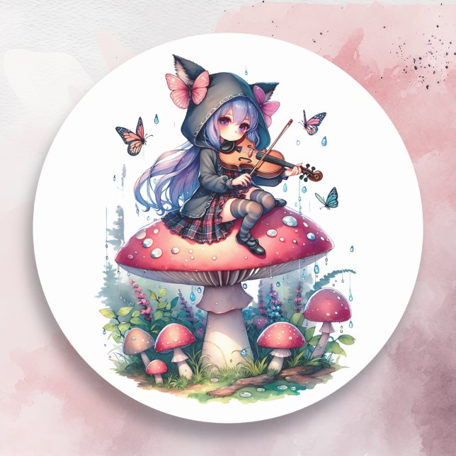 Fairy in Hoodie Playing Viola on a Mushroom  Classic Round Sticker (Creator Uploaded)