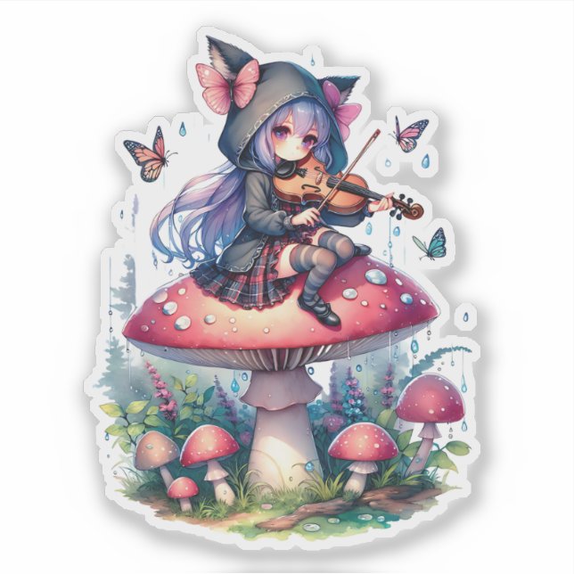 Fairy in Hoodie Playing Viola on a Mushroom  Sticker (Front)