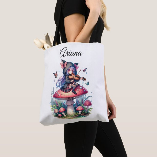 Fairy in Hoodie Playing Viola on a Mushroom  Tote Bag (Close Up)