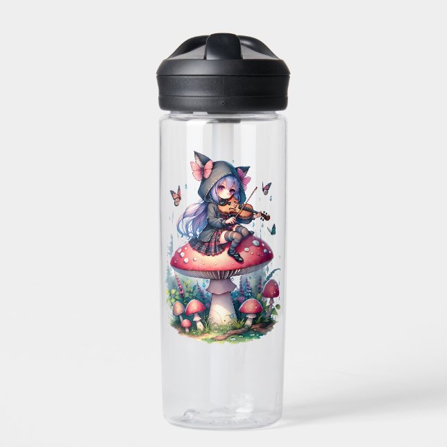 Fairy in Hoodie Playing Viola on a Mushroom  Water Bottle (Front)