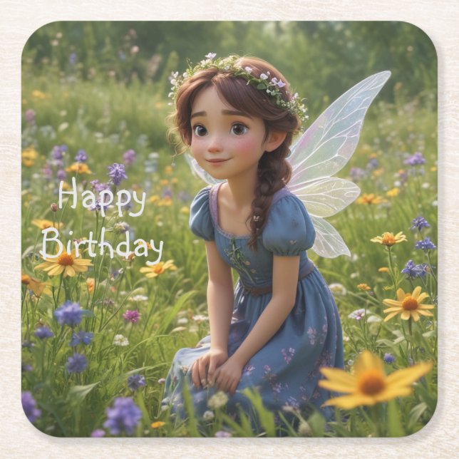 Fairy in Meadow Square Paper Coaster (Front)