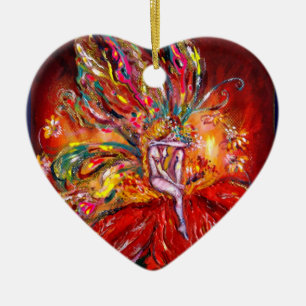 FAIRY IN RED VIBRANT RUBY HEART CERAMIC ORNAMENT
