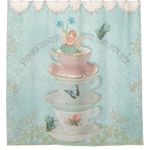Fairy in Stacked Teacups w Birds Little Girl Decor Shower Curtain
