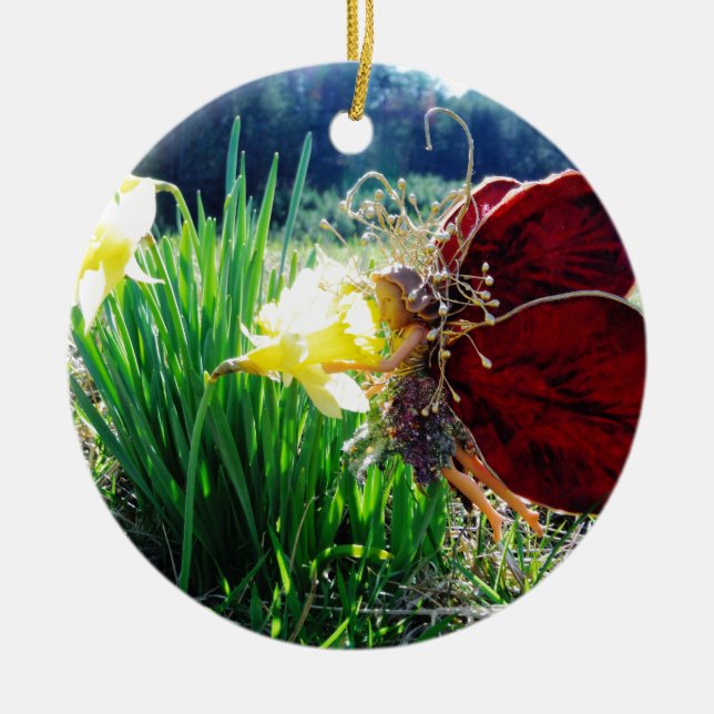Fairy in the Daffodils Ceramic Ornament (Front)