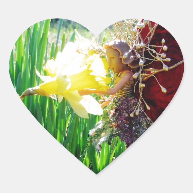 Fairy in the Daffodils Heart Sticker (Front)