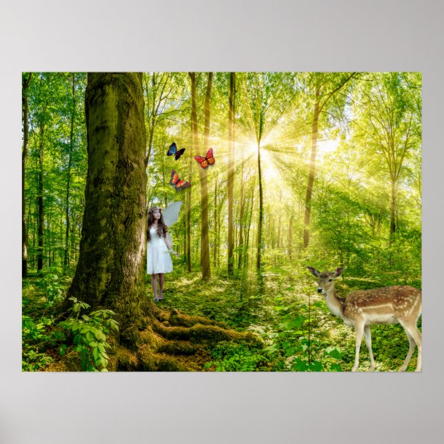 Fairy in the magic forest with Bambi and butterfly Poster (Front)