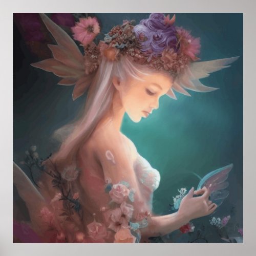 Fairy In The Moonlight Garden Watercolor Poster