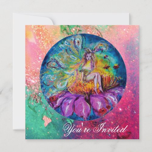 FAIRY IN THE NIGHT pink green blue yellow sparkles Invitation