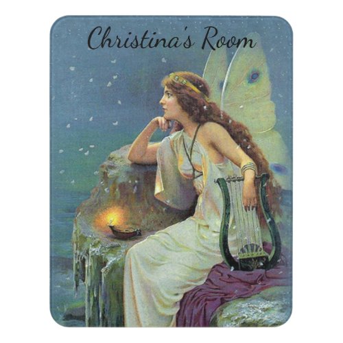Fairy in What Gown On Cliff Candle Harp Stars Door Sign